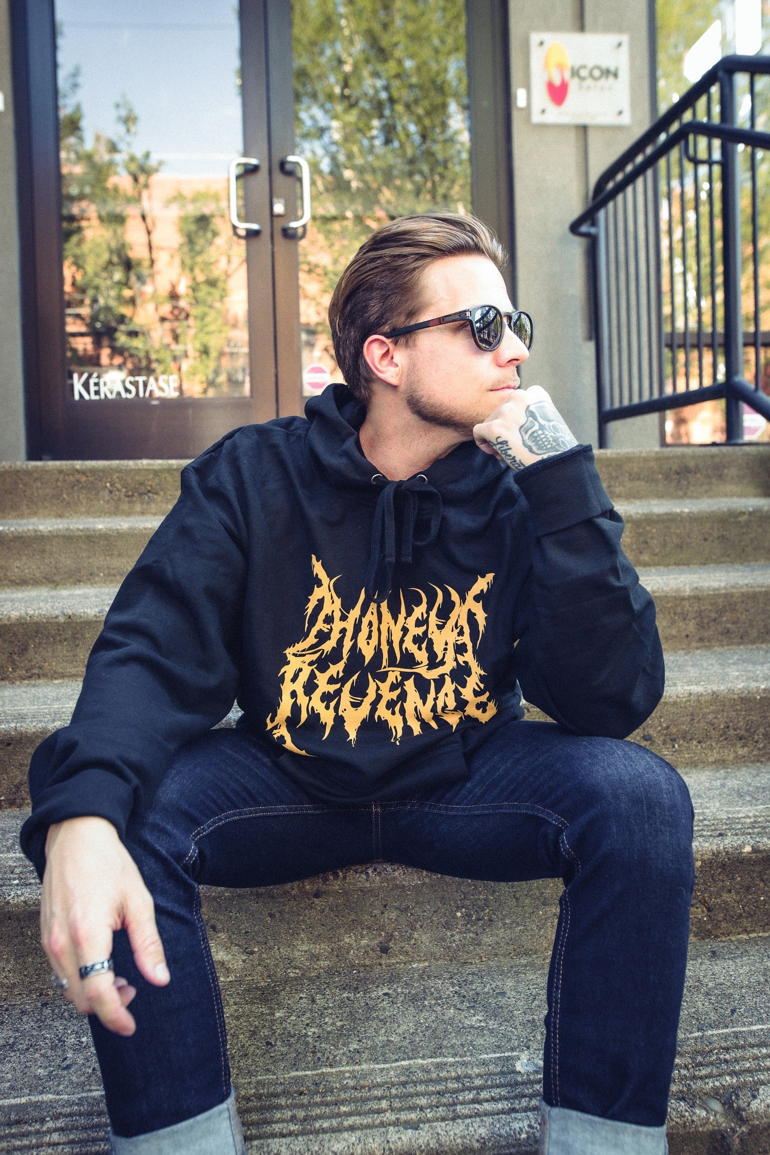 man wearing honey revenge Death Metal Logo Black Hoodie