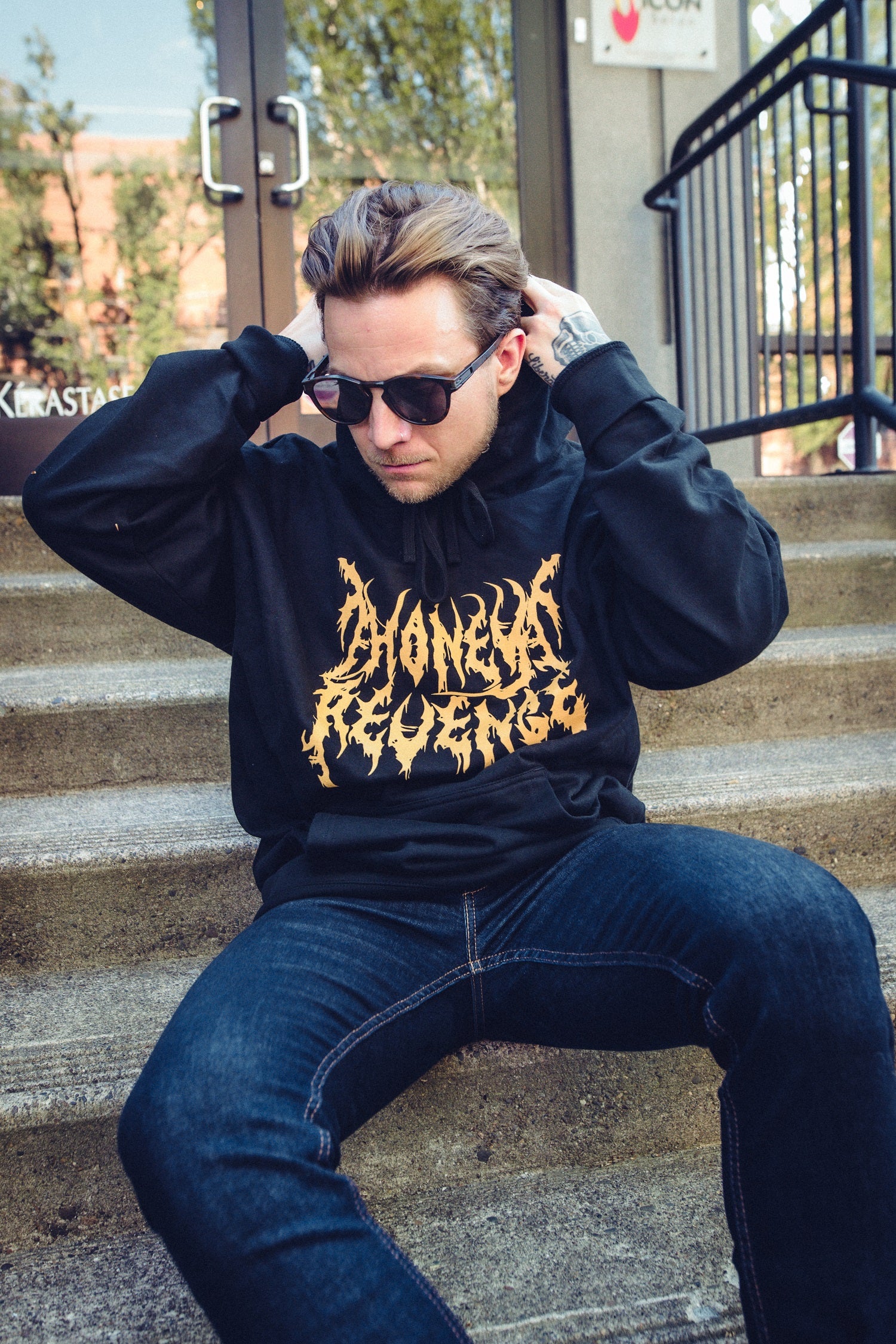 man wearing honey revenge Death Metal Logo Black pullover Hoodie