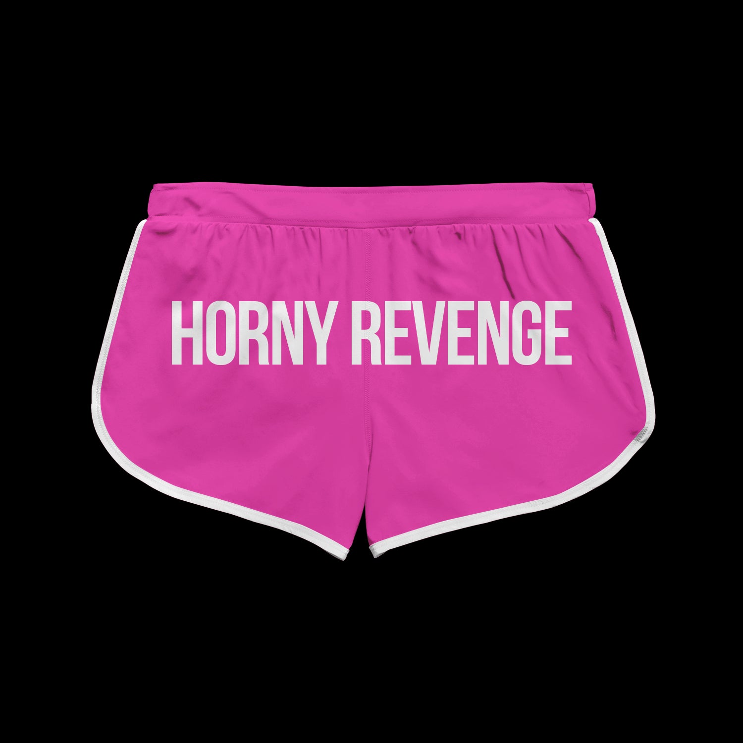 Honey Revenge womens running shorts in bright pink with white trim, 100% cotton, Made in U.S.A., and HORNY REVENGE printed boldly in white on the back, set against a black background.
