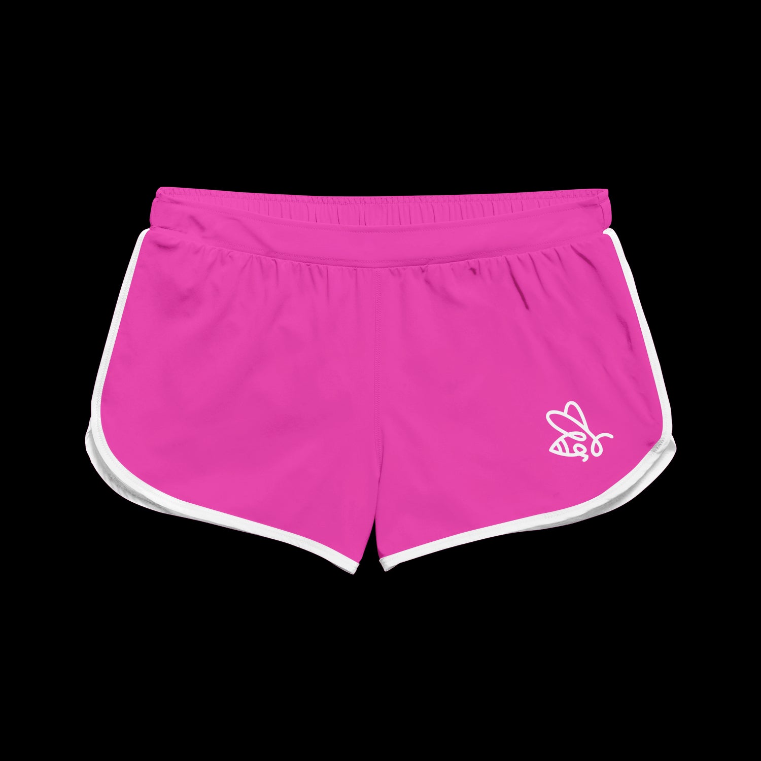 Honey Revenge Women’s Running Shorts in bright pink feature white trim and a small white bee logo on the left leg. Made from 100% cotton in the U.S.A. and shown against a solid black background.