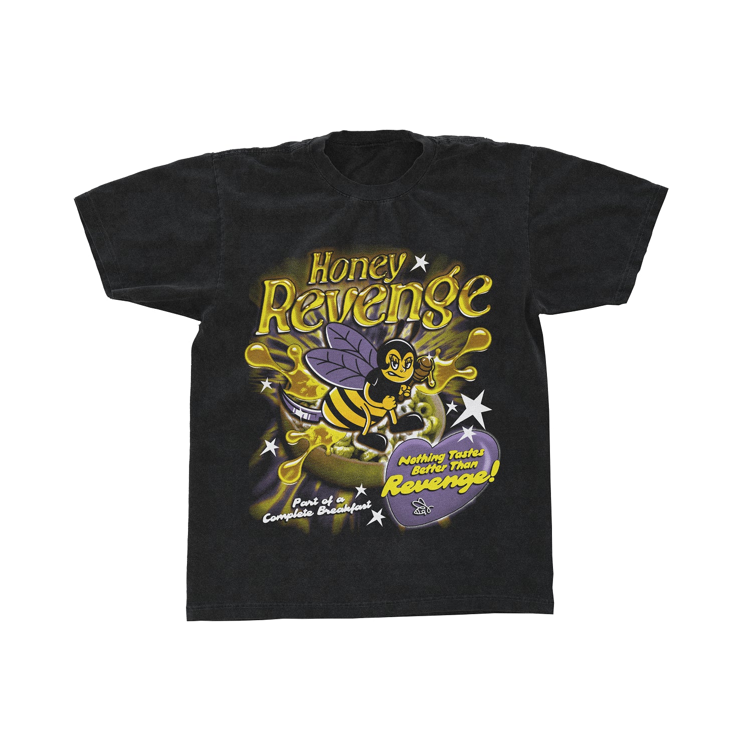 Honey Revenge black Tultex T-shirt with a cartoon bee, honey splashes, and bold text: Honey Revenge, Nothing Tastes Better Than Revenge!, Part of a Complete Breakdown! Ideal for fans of unique graphic tees.