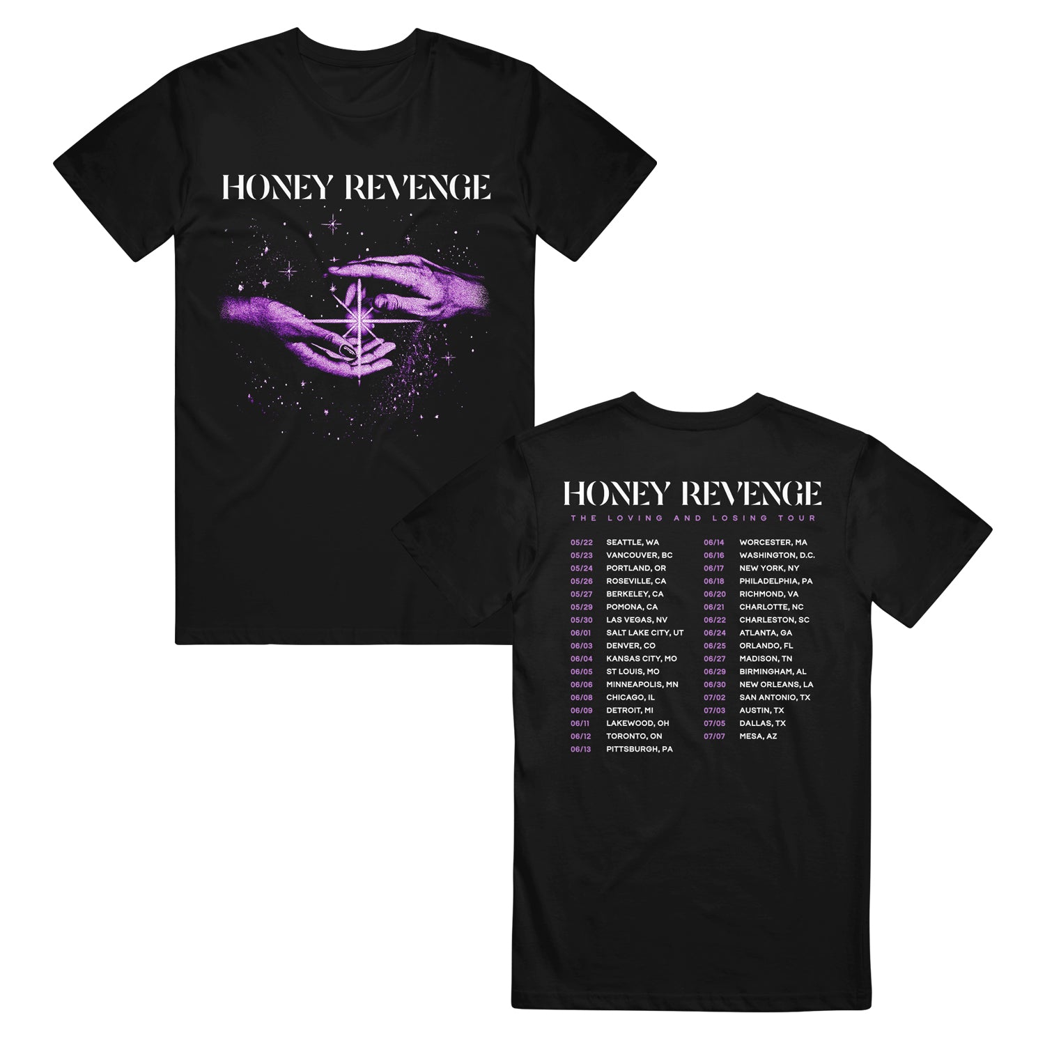 Black Honey Revenge T-shirt with “Honey Revenge” text and purple illustrated hands with sparkles on the front; back shows US cities and dates from the Loving & Losing 2025 Tour, making it perfect tour merch.