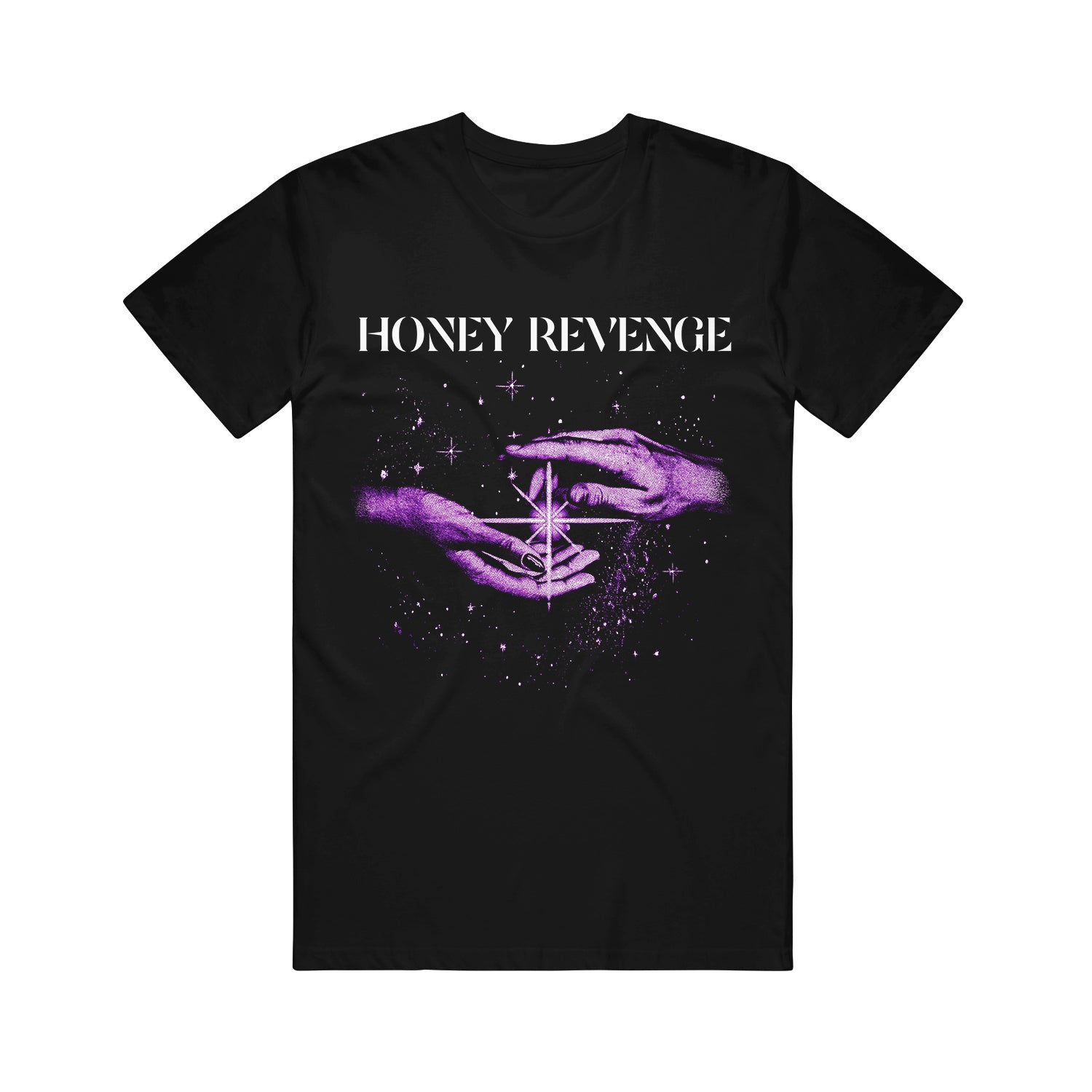 Official Honey Revenge black T-shirt with “HONEY REVENGE” in white above two purple hands reaching for each other, sparkles, and a geometric star; exclusive Loving & Losing 2025 Tour merchandise.