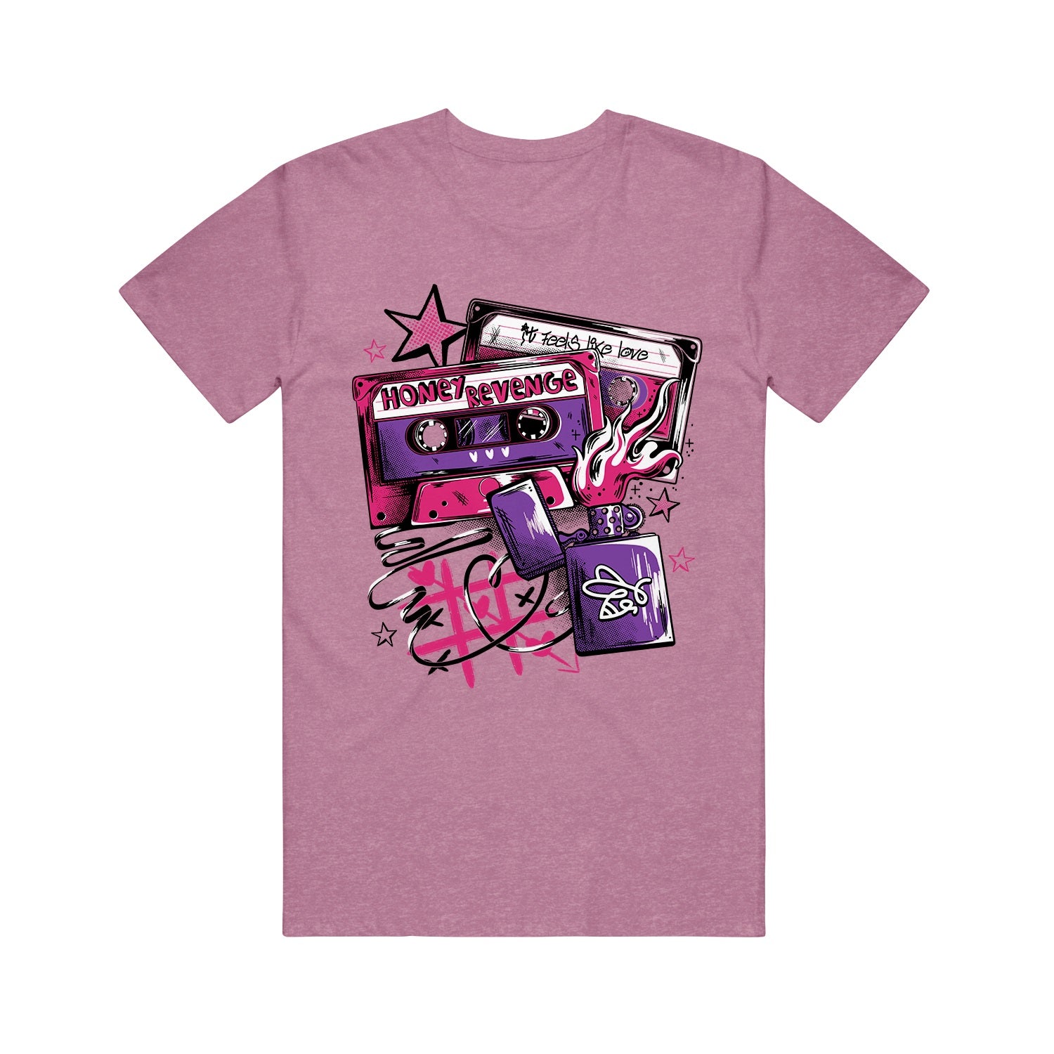 The Honey Revenge Heather Cassis T-Shirt displays a cassette tape labeled Honey Revenge, a purple bunny-logo lighter, musical notes, stars, and bold pink and black doodles—packed with love in every detail!.