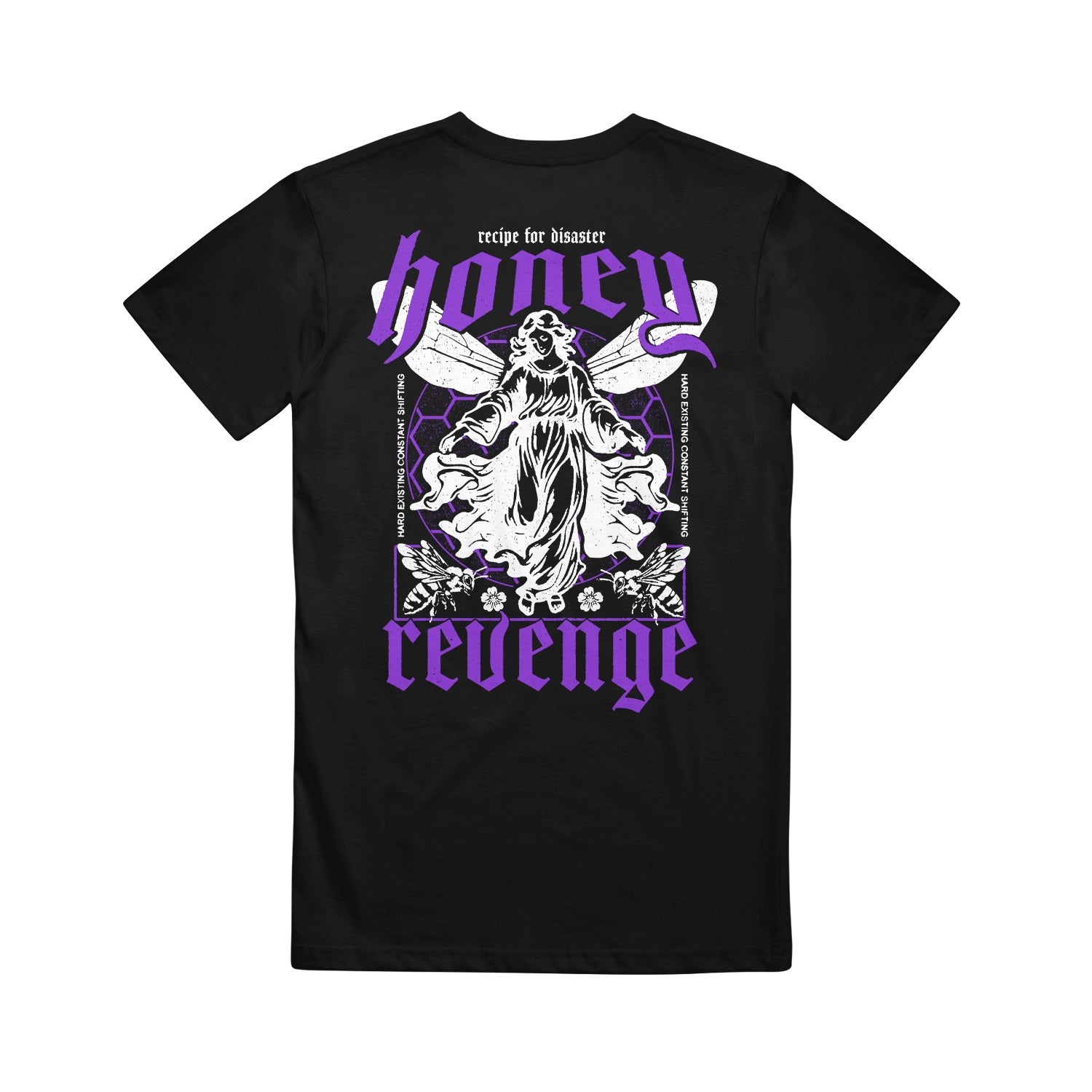 Black Tultex tee from Honey Revenge with a robed figure holding flowers amid ornate designs. Purple 