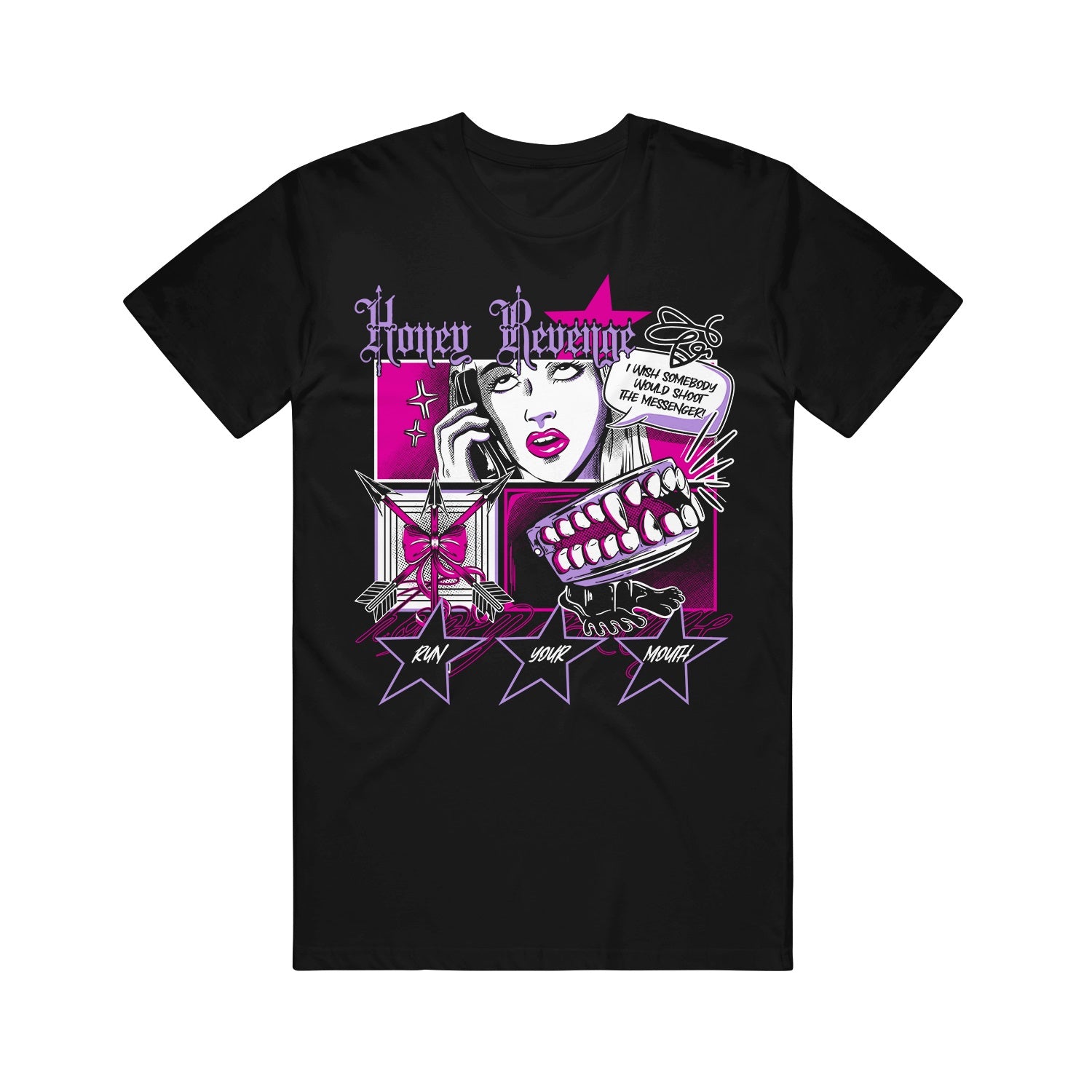 Black Tultex T-shirt by Honey Revenge featuring a stylized woman's face, pink and purple graphics, 