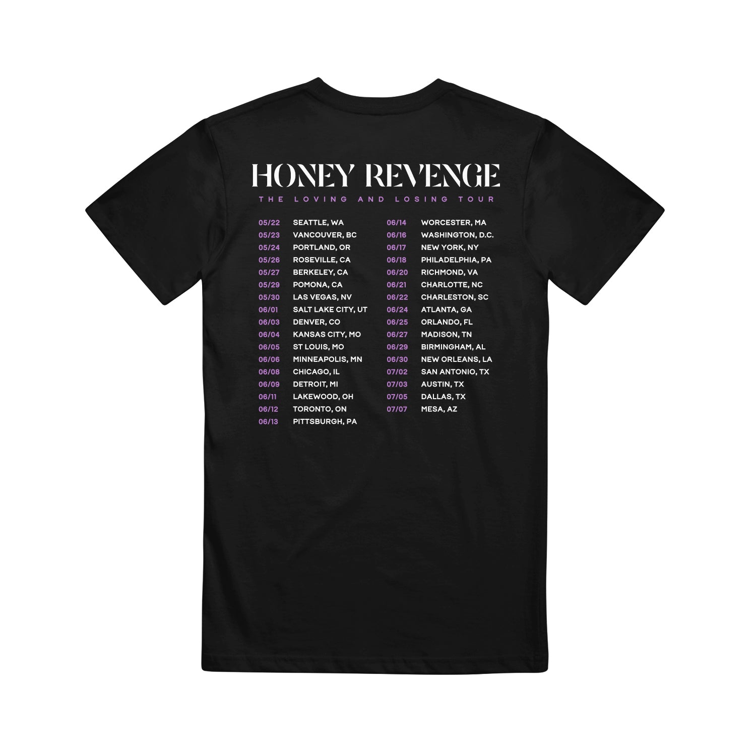 Black T-shirt by Honey Revenge featuring white and purple Loving & Losing 2025 Tour text, plus a list of US tour dates and cities on the back.