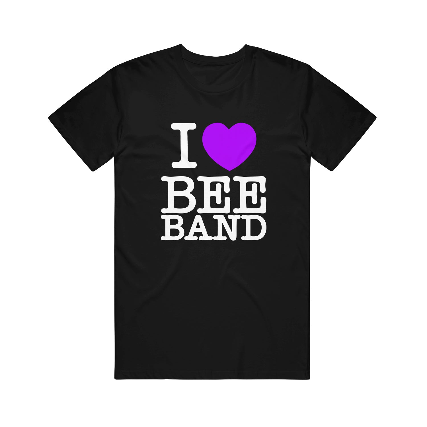 Honey Revenge Bee Shirt featuring “I [purple heart] BEE BAND” in bold white letters—the perfect T-shirt to show you’re a true Bee Band fan.