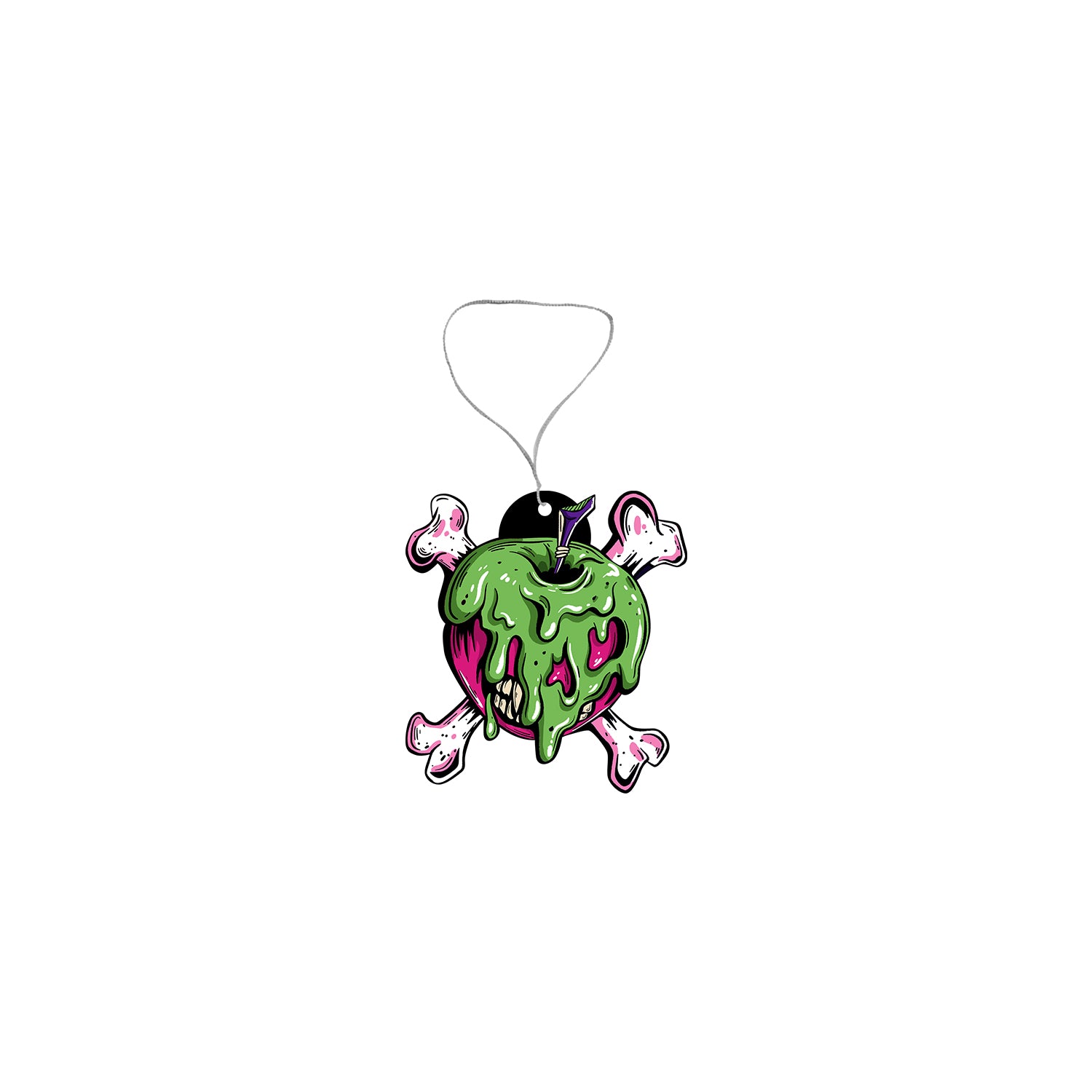 A Honey Revenge hanging ornament shaped like a green poison apple air freshener with purple accents, melting over a skull and crossbones, displayed on a plain white background.