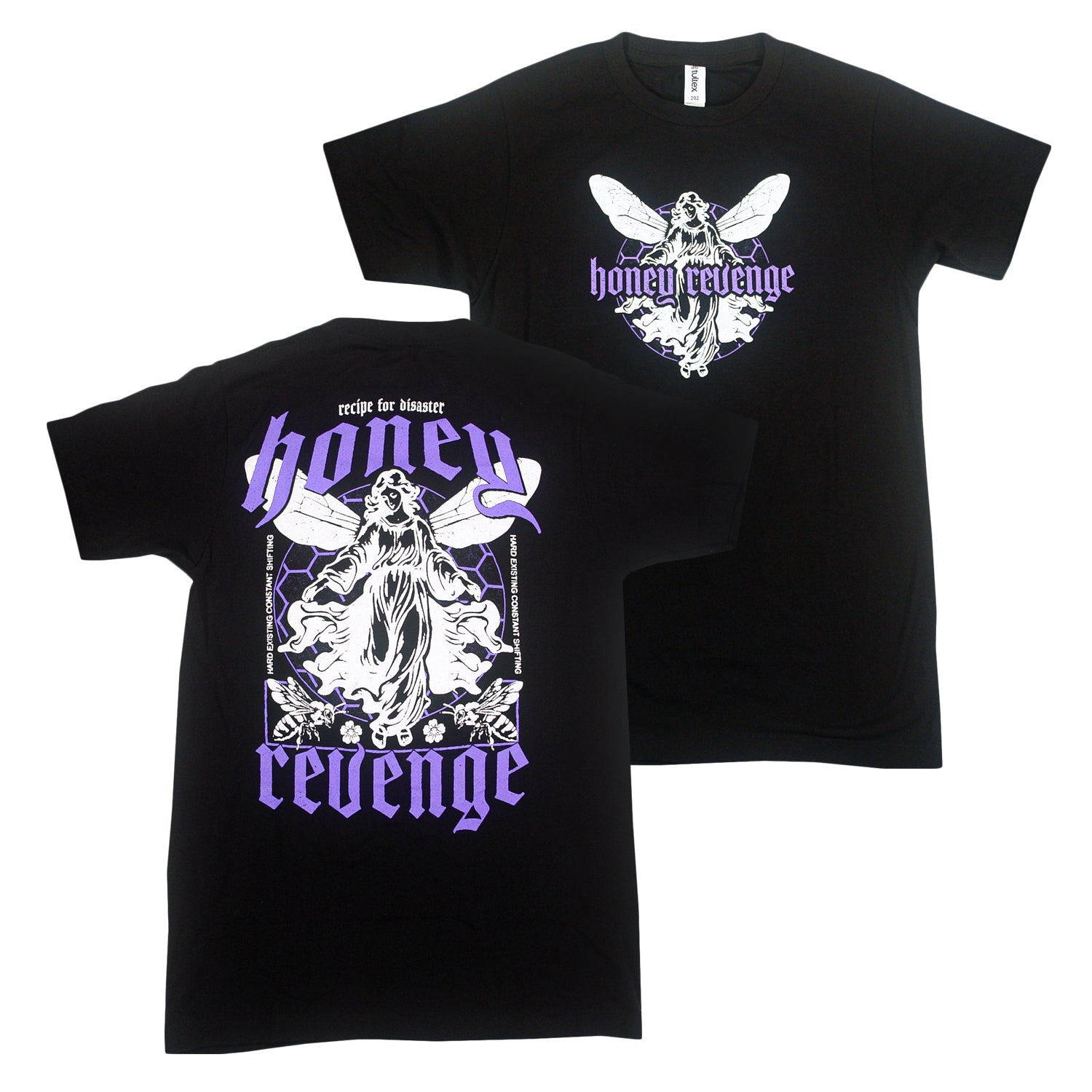 Two black premium cotton t-shirts display a graphic of a robed figure with wings, bees, and the text honey revenge in bold, lavender Gothic font. The back also includes the phrase recipe for disaster.