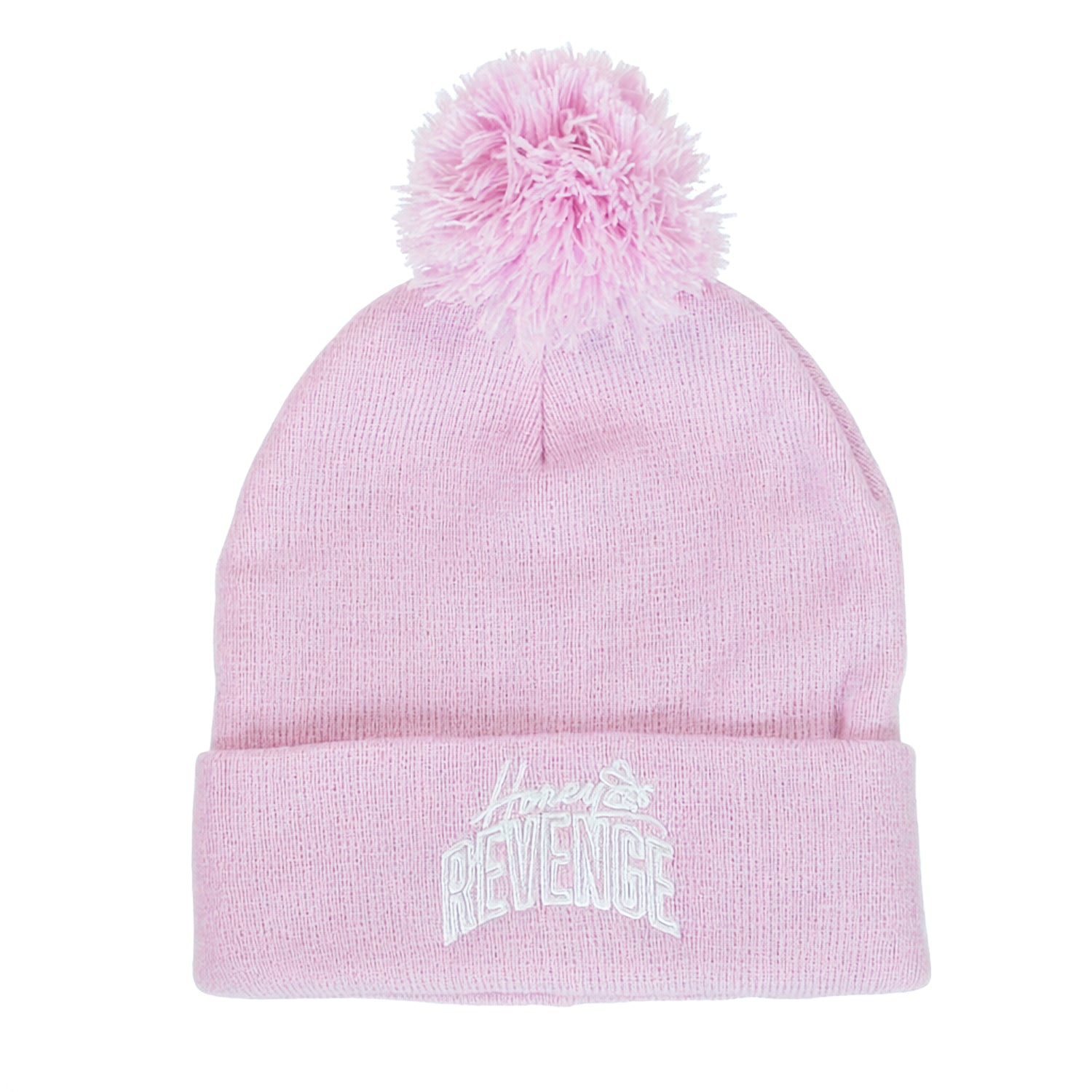 A light purple knit beanie by Honey Revenge featuring a pom-pom on top and the brand name embroidered in white on the front fold.