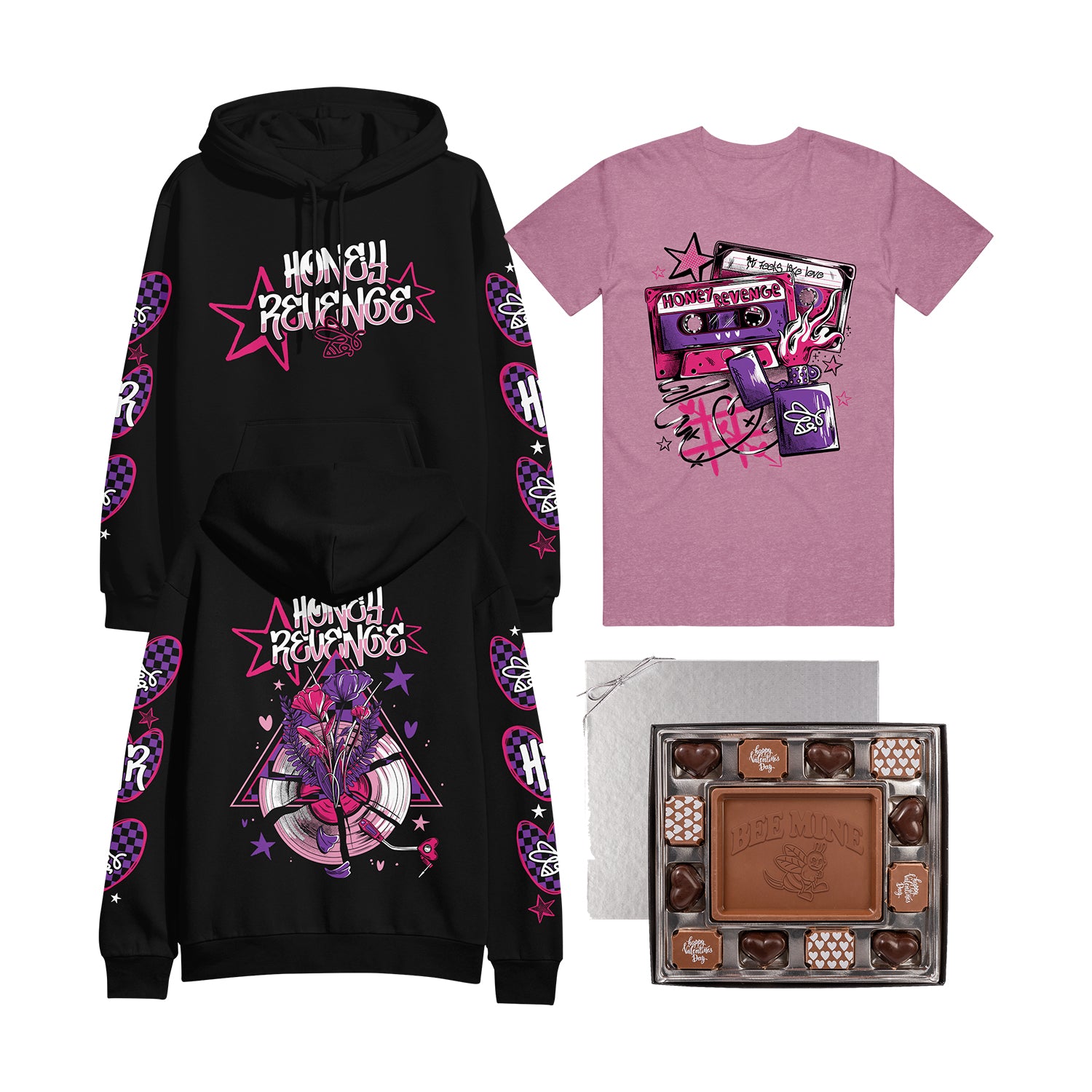A set of Honey Revenge graphic hoodies, a bold Honey Revenge T-shirt with hearts and stars, plus a Valentine's Day chocolate gift box—stylish streetwear and Swiss chocolates for the perfect sweet surprise.
