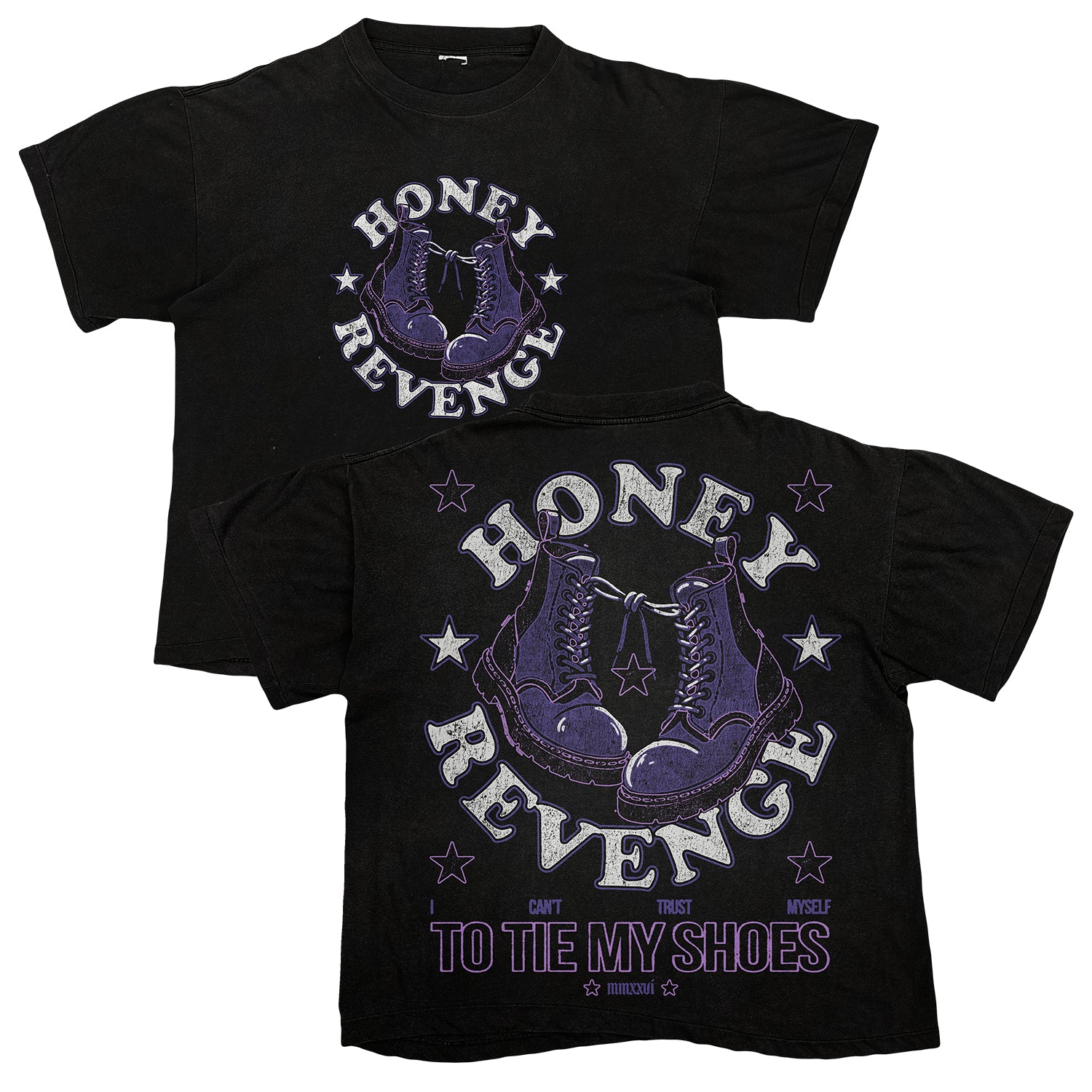 Black T-shirt with Honey Revenge text, stars, and illustration of black boots. Back reads, Honey Revenge—Can’t Trust Myself to Tie My Shoes. Crafted from 100% ring-spun cotton for a soft, premium feel, this Comfort Colors T-Shirt features the design in bold purple and white tones.