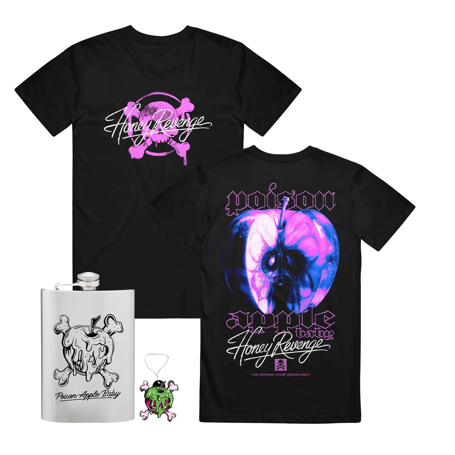 Honey Revenge presale: black t-shirt with neon pink and purple graphics, metallic flask with skull design, and green skull keychain. Estimated ship date: 11/21/2025.