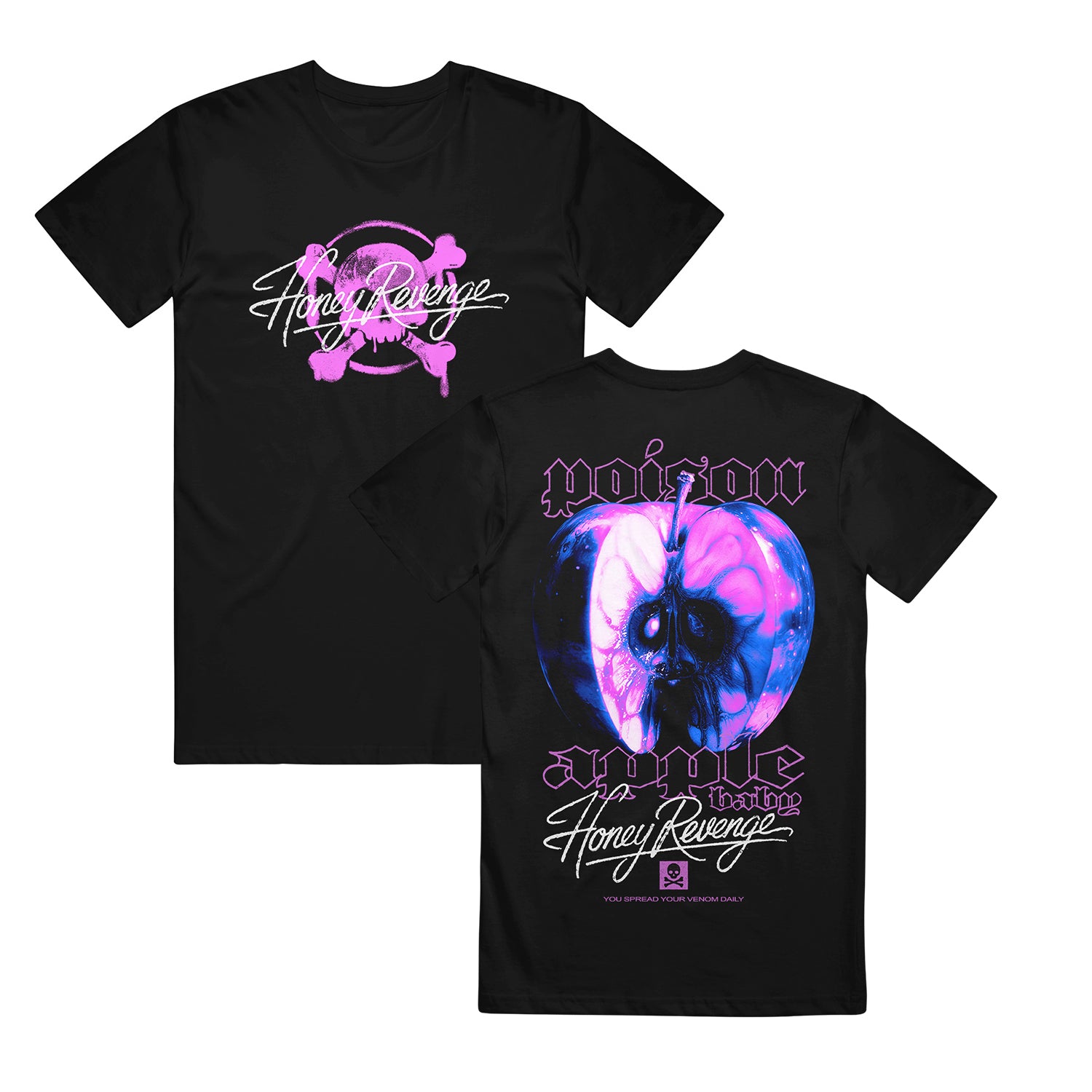 Two black Honey Revenge Tultex T-Shirts made from reactive-dyed, pre-shrunk cotton; front has a pink skull and crossbones with Honey Revenge cursive, back features a purple-blue skull/apple with Poison Apple and Honey Revenge text.