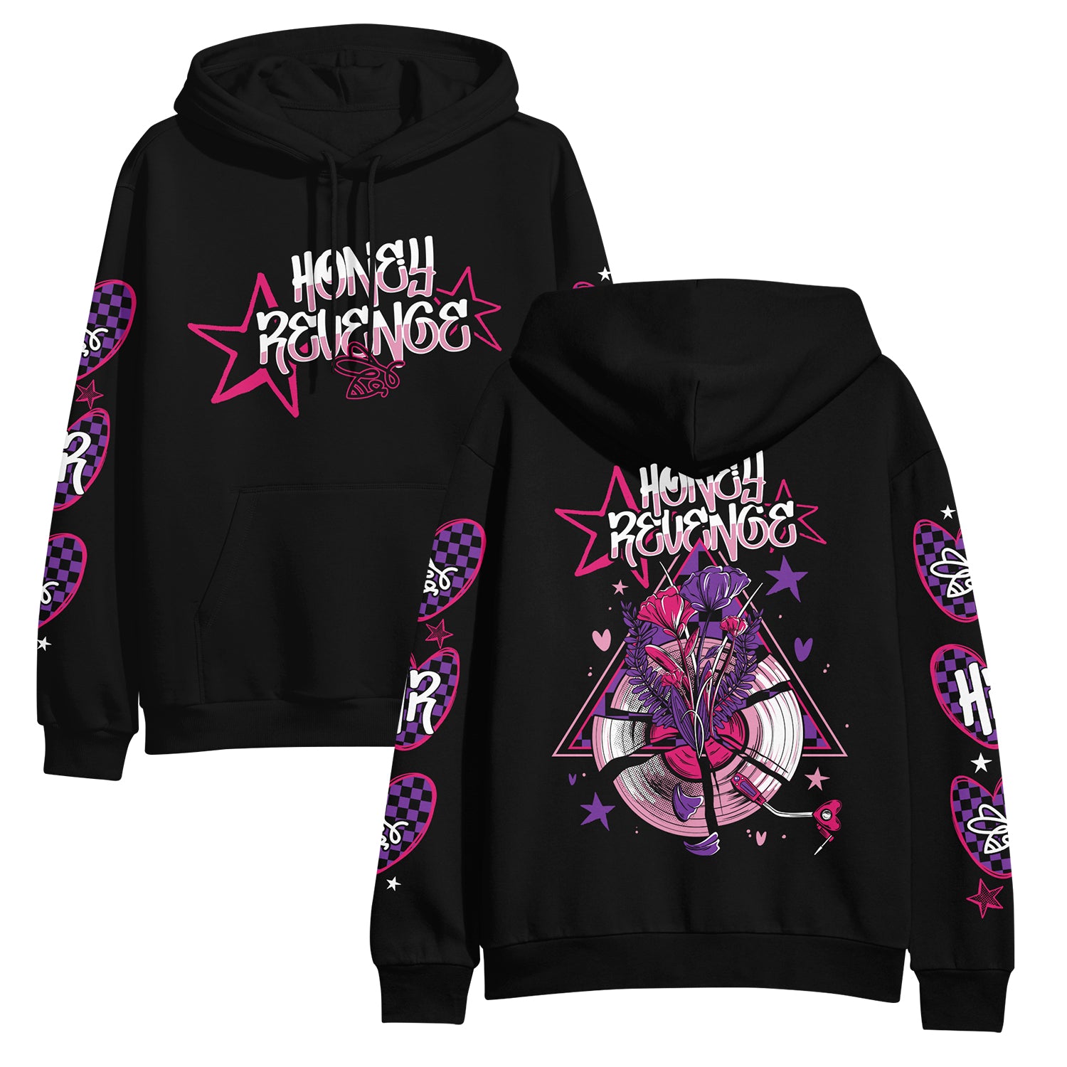 Two views of a Honey Revenge black pullover with bold, colorful graphics: front and back show Honey Revenge text, stars, hearts, and a bouquet in purple, pink, and white. Heart graphics and HR initials decorate the sleeves.