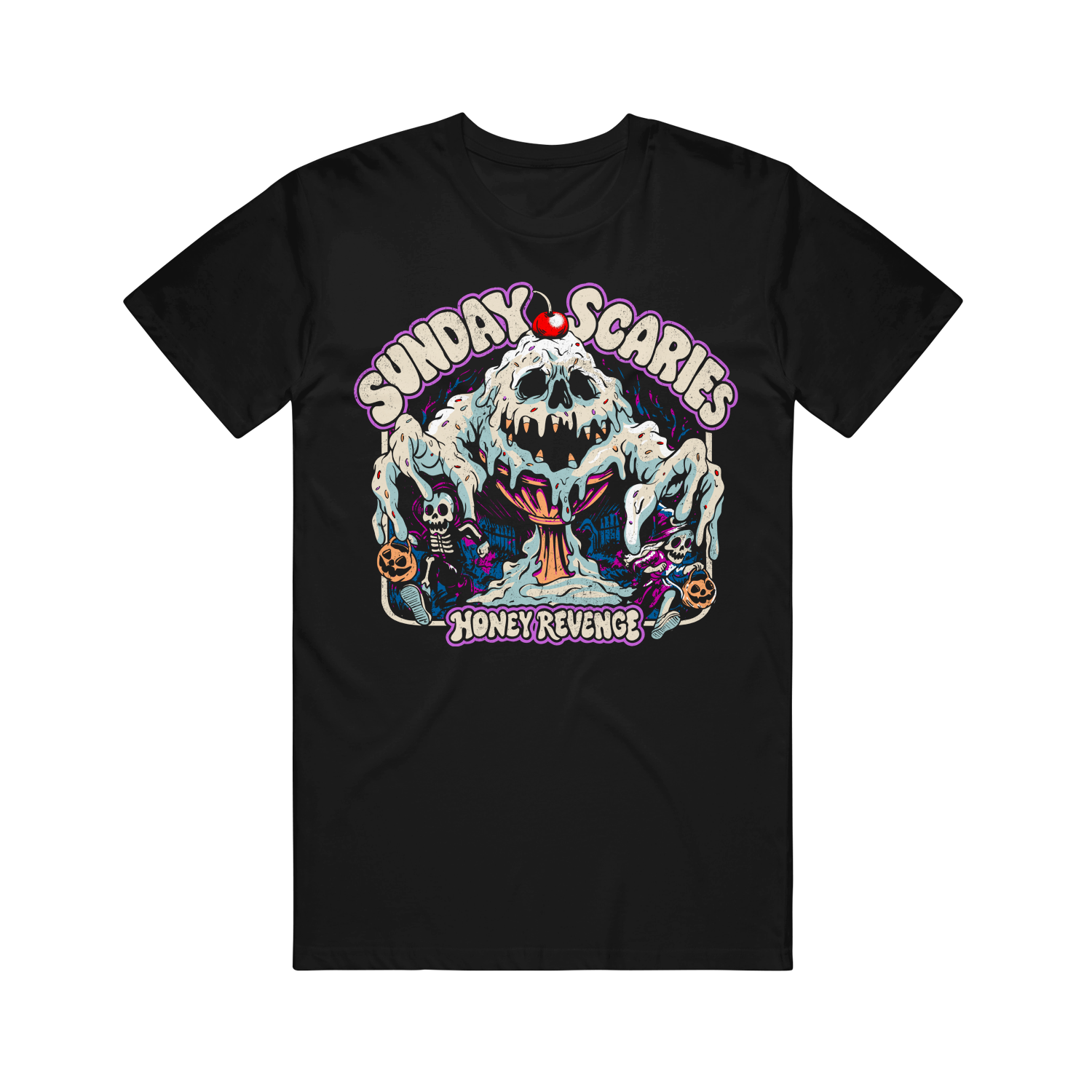 Black premium cotton t-shirt featuring a melting ice cream skull sundae with a cherry, flanked by two skeletons holding jack-o-lanterns, with the text Sunday Scaries above and Honey Revenge below.