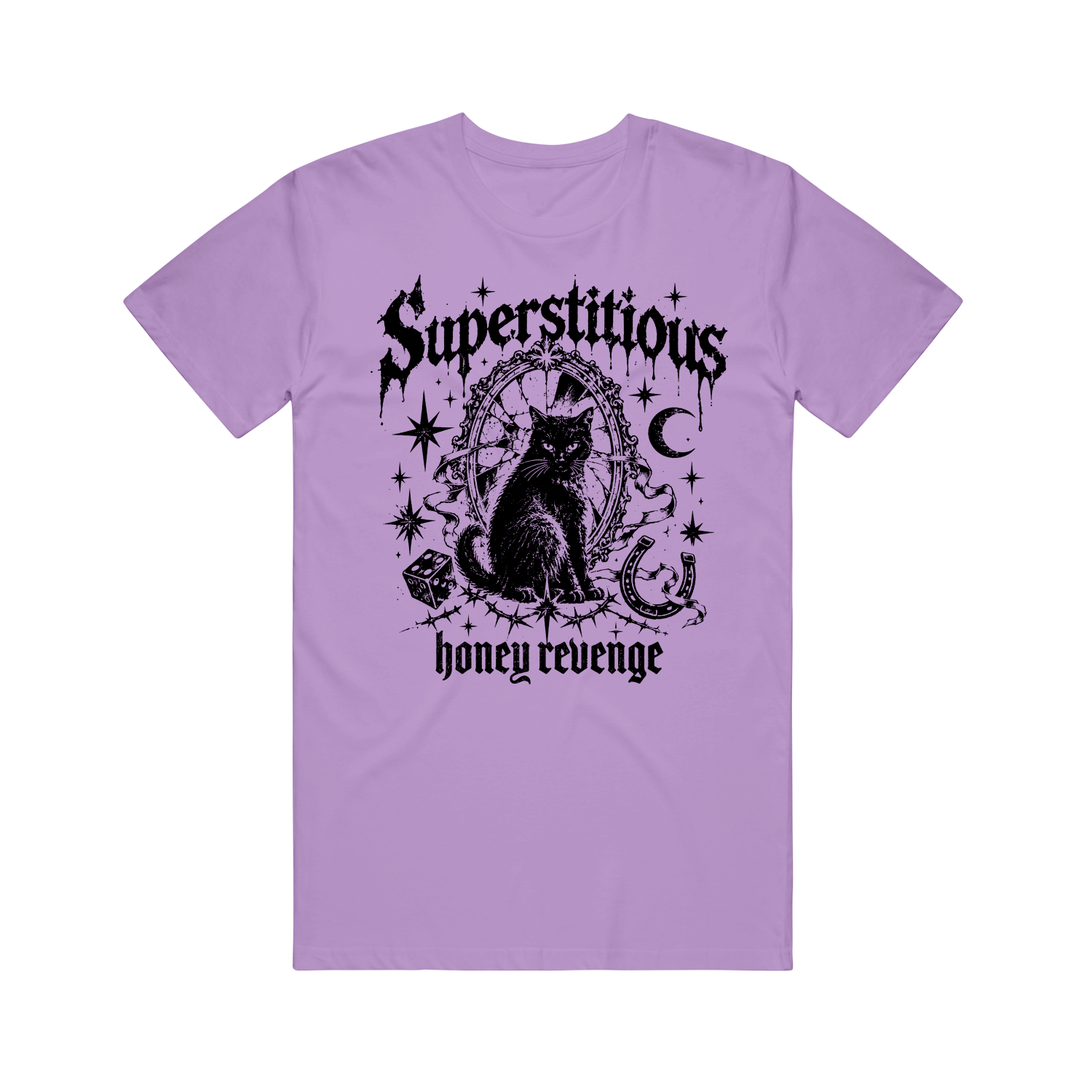 A lavender Bella Canvas t-shirt featuring a black graphic of a cat, an ornate mirror, dice, and a horseshoe, with the text Superstitious and honey revenge.