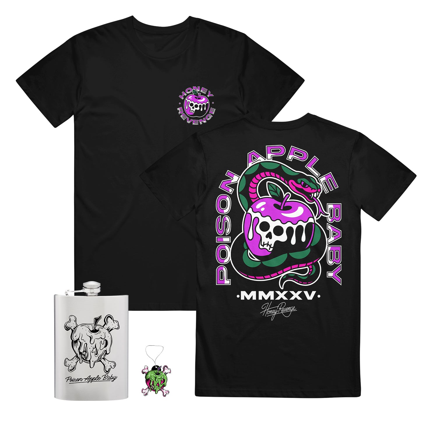 The Honey Revenge black t-shirt features a purple and green poison apple skull graphic on the back and a small front logo. Also shown: matching silver flask and keychain. This presale ships 11/21/2025.