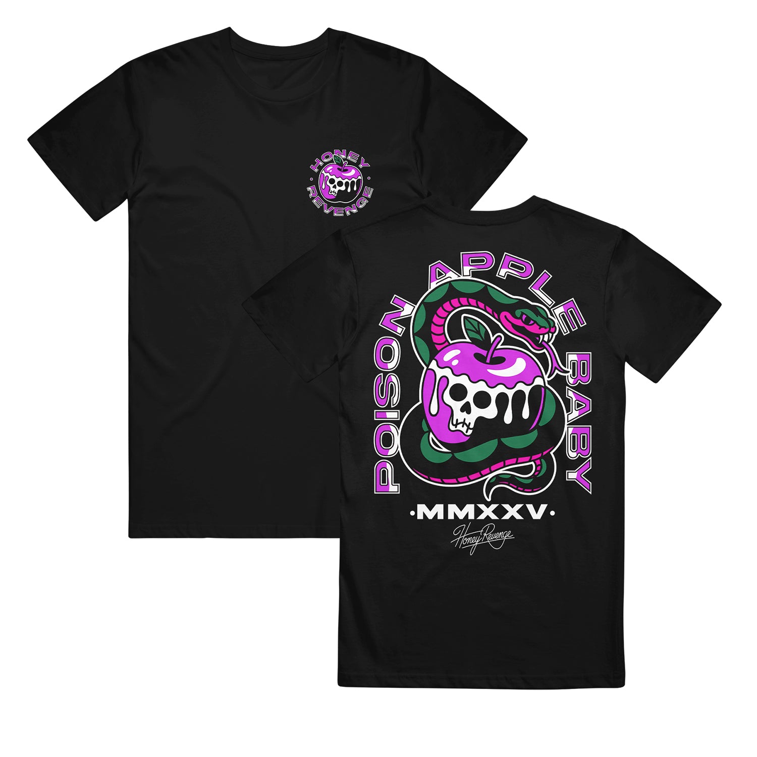 Black Tultex T-shirt by Honey Revenge, made from soft, pre-shrunk cotton. Features a small chest graphic and bold back design: a purple poison apple with skull face wrapped by a green and pink snake. Text reads “Poison Apple Baby MMXXV.”.