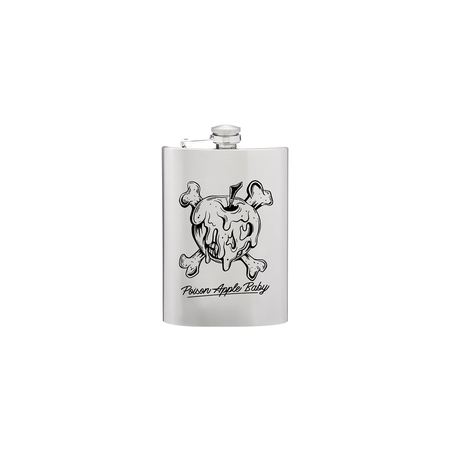 A silver flask by Honey Revenge features a black and white dripping skull-shaped apple with crossbones. “Poison Apple Baby” is printed below. The flask includes a secure screw cap, making it a perfect novelty gift.