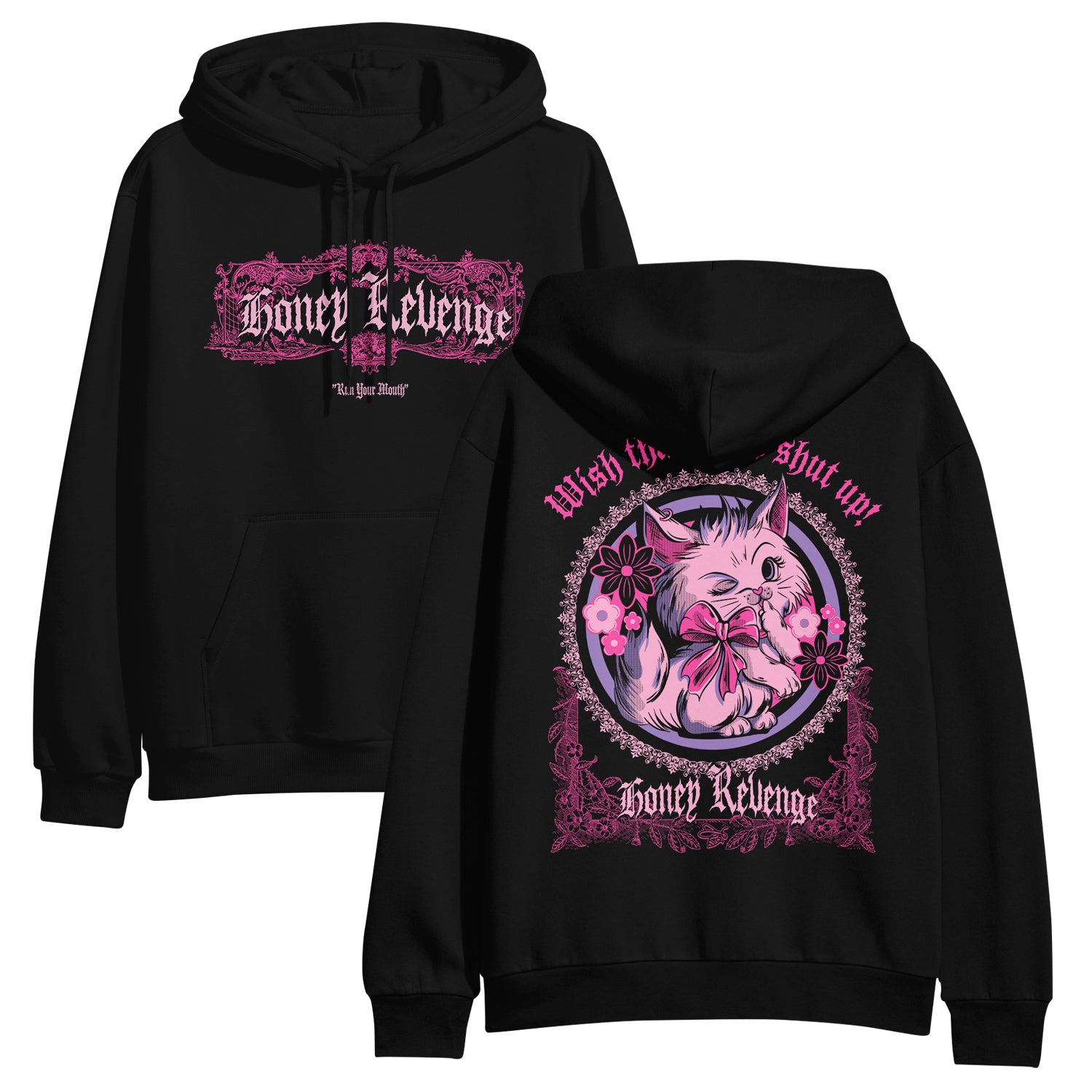 Honey Revenge black pullover hoodie with ornate pink designs, front logo, and back cartoon white cat with flowers, fangs, and 