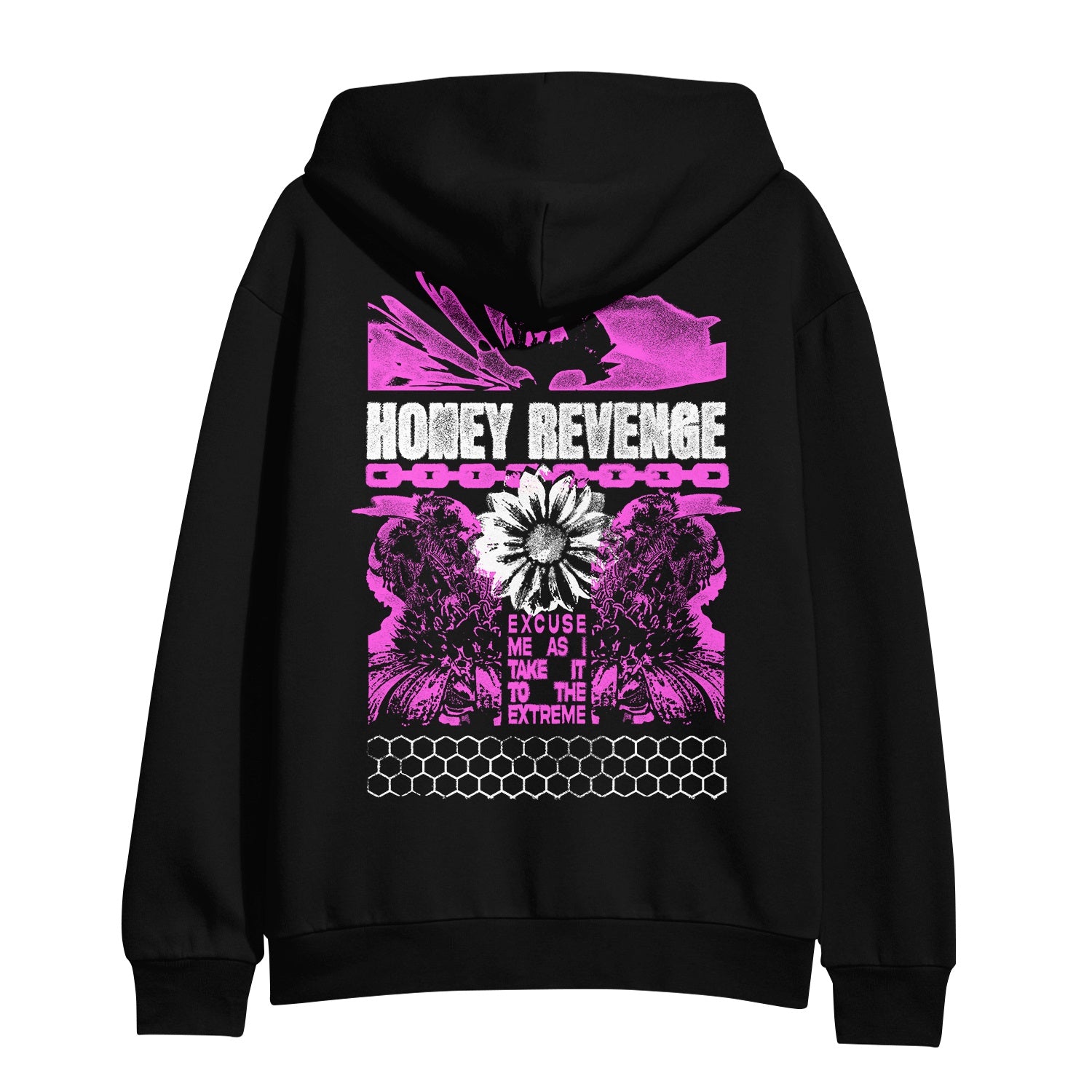 Black pullover hoodie by Honey Revenge featuring a bold pink and white back graphic with 