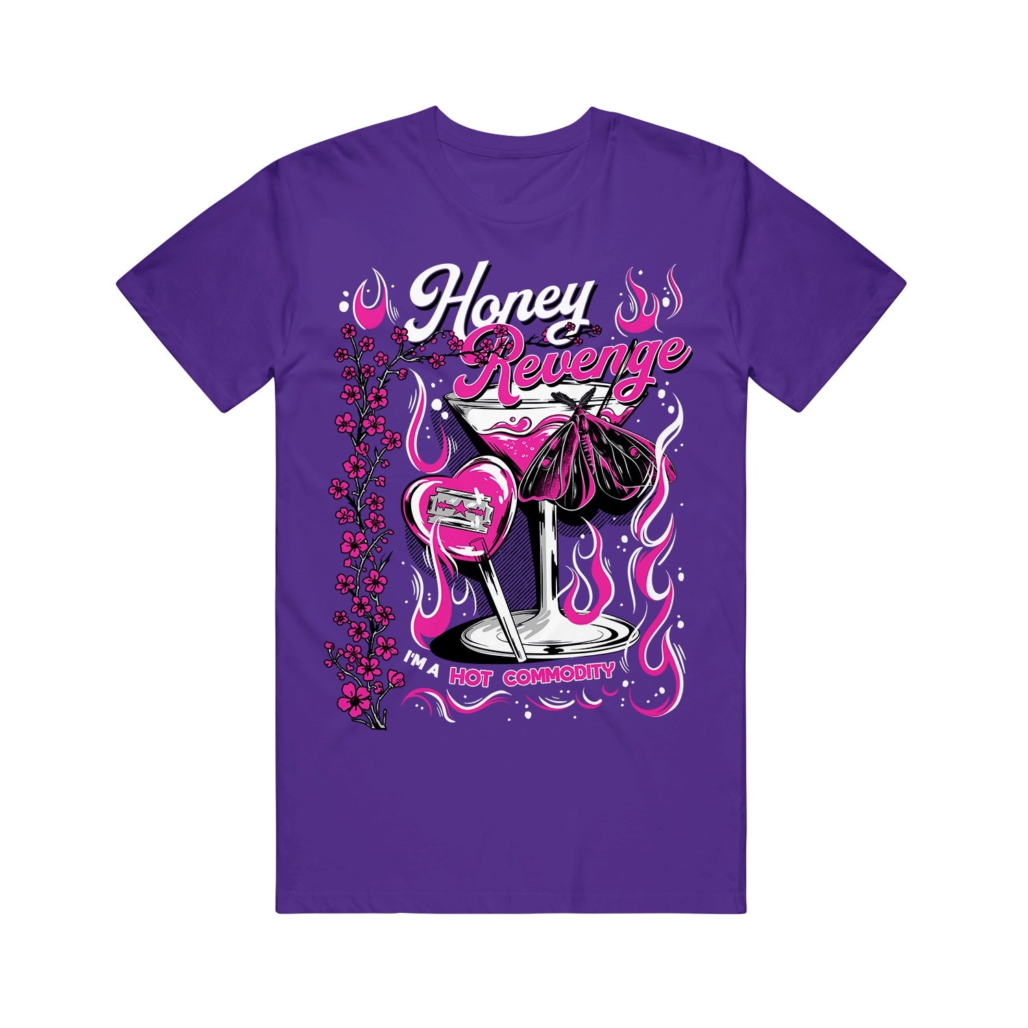 The Honey Revenge Tultex t-shirt in purple features a high-heeled shoe, drink with straw, pink flames, and cherry blossoms. Bold text reads 