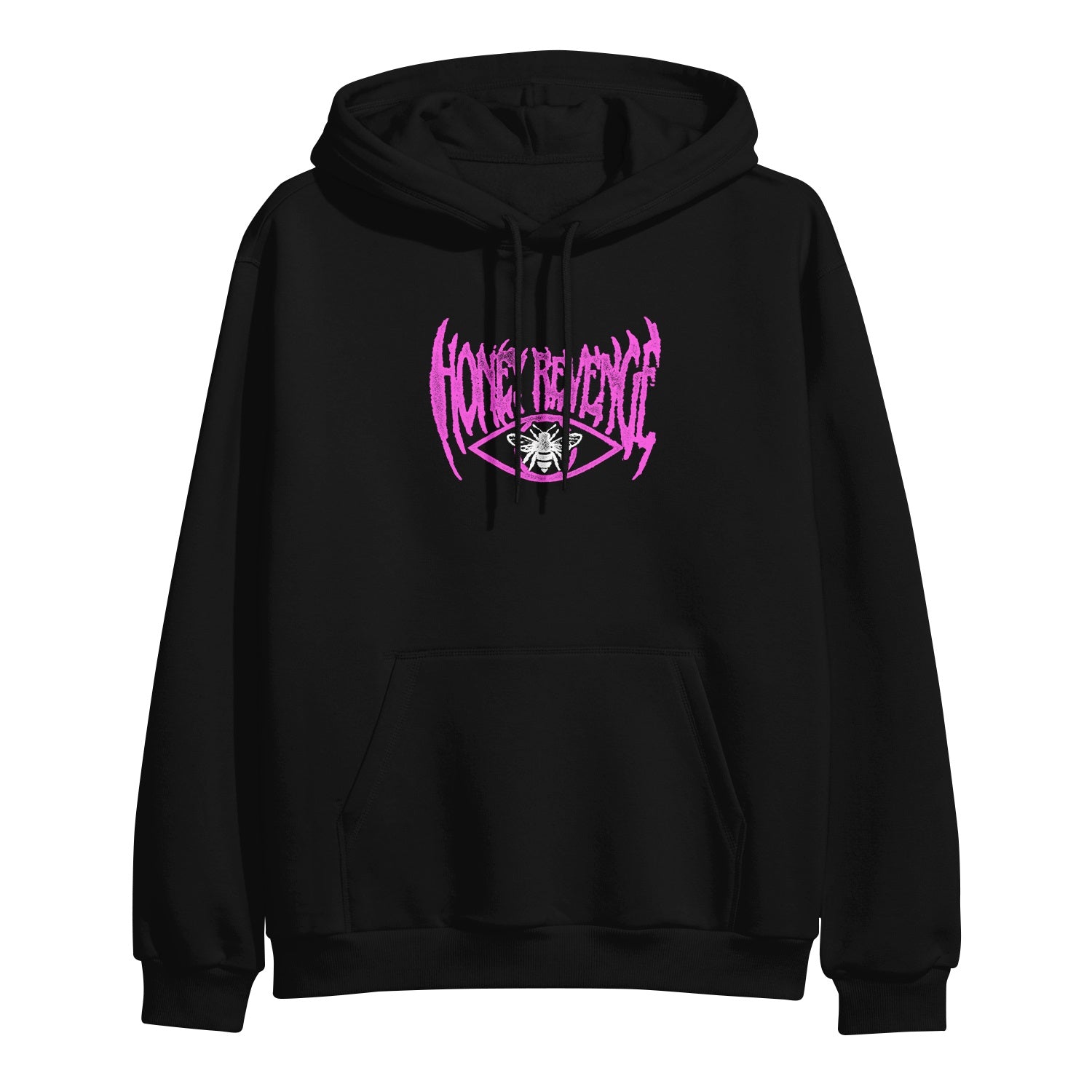 A black Honey Revenge pullover sweatshirt with hood and front pocket, featuring a pink and white 