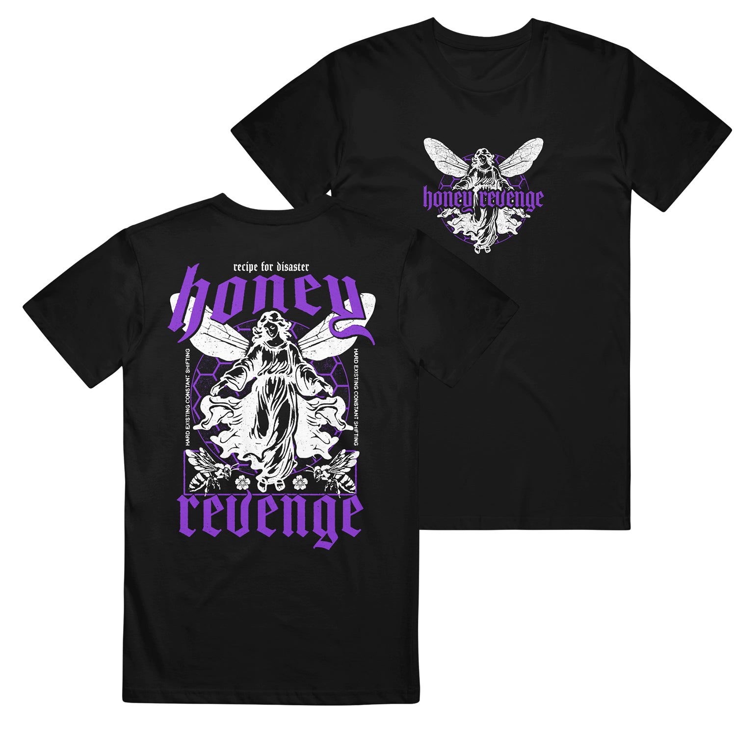 Black Tultex tee by Honey Revenge featuring bold purple “Honey Revenge” text and a bee on the front, with a mystical winged woman and ornate details on the back—premium custom apparel for printed t-shirt fans.